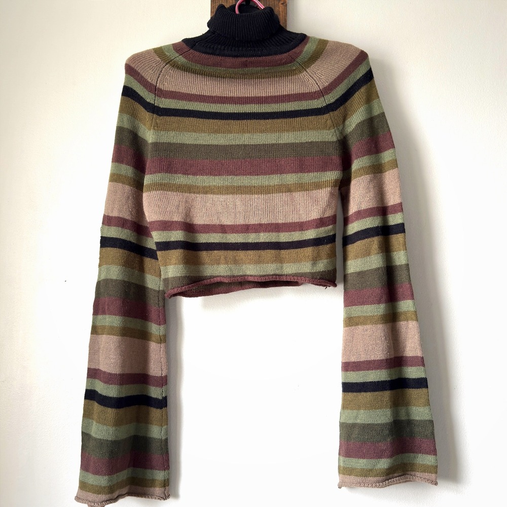 Fairy Grunge Green Brown Striped Turtleneck Distressed Rolled Hem Bell Sleeves M